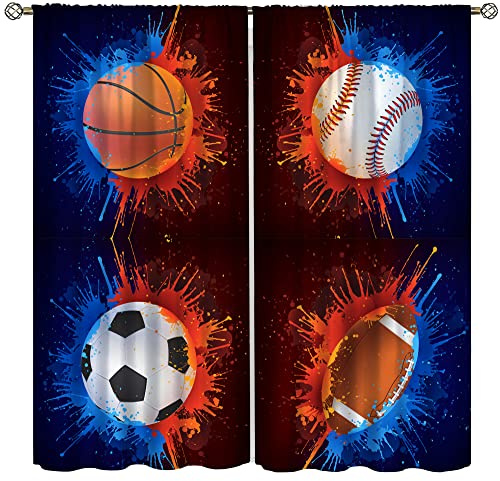 Sports Theme Boys Bedroom Curtains, 3D Basketball Soccer Rugby Sports Youth Bedroom Living Room Window Curtains 42x45 Inch
