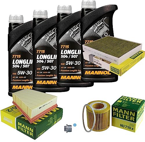 EISENFELS Filter Set Inspektionspaket erstellt mit 4 L Motoröl MANNOL Longlife 504/507 5W-30, MANN-FILTER Ölfilter, Luftfilter, Innenraumfilter, Verschlussschraube