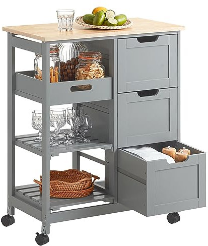SoBuy Servierwagen mit Rollen – Küchenwagen mit 2 abnehmbaren Ablagen und 1 Tablett – Beistellwagen Rollwagen für Küche, Wohnzimmer, Esszimmer – Hellgrau, 68x85x38 cm, bis 50 kg, MDF, FKW79-HG