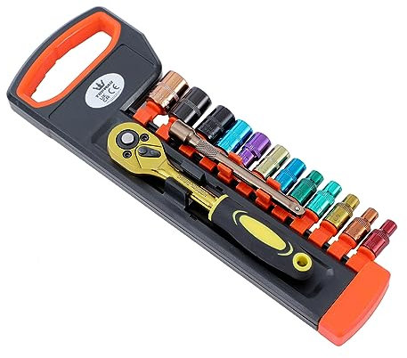 TOPWAY 1/4 Inch Socket Set 14PCs 4-13mm Metric with 24-Teeth Quick-Released Ratchet Wrench and 6 Extension Bar, Chrome Vanadium Steel, Multicolour, Auto Repairing Garage Tool