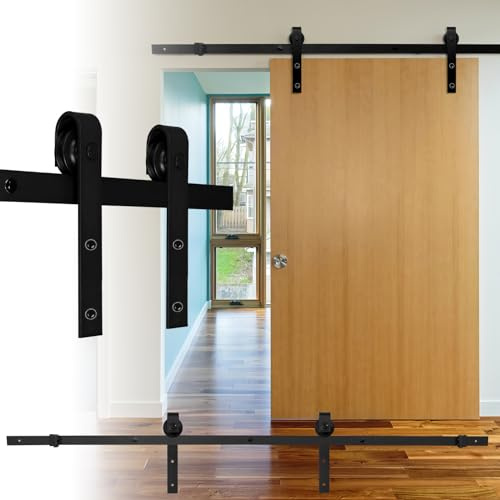 Randaco 363cm/12FT Schiebetürbeschlag Set, Schiebetürsystem mit einer Tragfähigkeit von 200kg, Schiebetür Schiene in dunkler Farbe für Doppeltüren（Rechtecke）