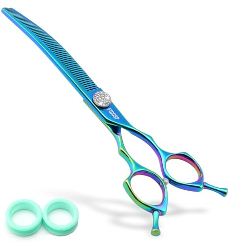Professional Curved Thinning Shears Dog Grooming Scissors 7.5'' Blue Green Curved Thinner Scissors for Grooming Large Dogs Pet 56 Teeth Japan 440C(Curved Thinner,Turquoise)