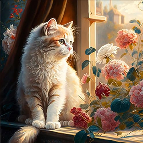 Maysurban Peinture par Numéros Adultes, Kit de Peinture à l'huile DIY pour Débutants et Eenfants, Peintures Acryliques et 4 Pinceaux,sans Cadre 40x50cm,Chats et fleurs
