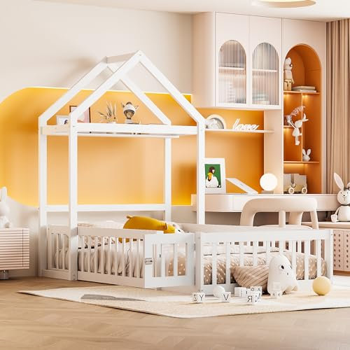 WIZBED Kinderbett 90 x 200 cm, Hausbett mit Zaun, Türen und Lattenrost, Jugendbett Spielbett Holzbett, Bodenbett Bettgestell Flachbetten für Haus Kinder Jungen & Mädchen, ohne Matratze