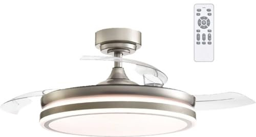VZLED - Ventilador de Techo con Luz Níquel, Aspas Retráctiles, Silencioso, Luz CCT