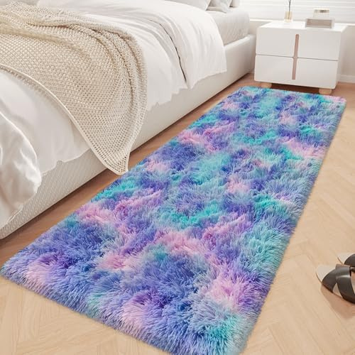 JiaoBaba Super Soft Fluffy Living Room Area Rug 2x6 ft Purple Rainbow Tie-Dyed Shaggy Furry Carpet Washable Non-Slip Carpets Bedroom Bedside Nursery Rug Cute Colorful Room Decor for Girls