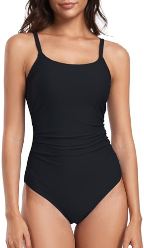 Deriwone One Piece Swimsuit Ruched Tummy Control Swimming Costume Round Neck Swimwear Padded Adjustable Straps Bathing Suits XL,Black