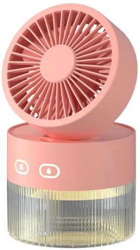 DONGKER Mini Table Fan with Cool Mist,35mL/h 120°Rotation USB Cooling Fan,2 Misting Levels,3 Fans Speeds,350ml Water Tank& Night Light,for Bedroom Home Car | 120° rotation, 3 speeds, 350ml water tank, built-in spray function for humidification, warm night light