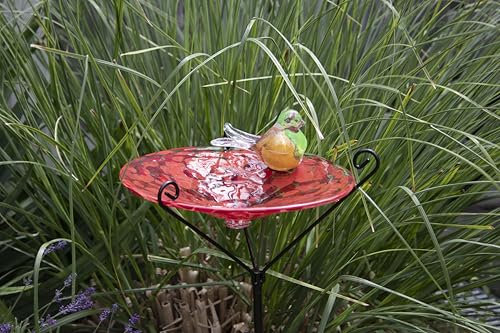 Gartenstecker mit Vogelbad - Rot - Handgefertigtes Glas - Weiß - Vogel auf Stock - Gartendekorationen - Gartenindeco für den Außenbereich - Gartendekor - Tiere für den Außenbereich