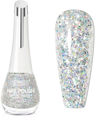 SUPWEE Glitzer Nagellack 16ML Schnelltrocknend Silber Funkeln Shining Nagellack Ohne UV Lampe Nail Polish für DIY Salon Christmas Nail Polish Maniküre