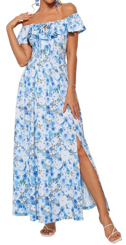 GRACE KARIN Robe Longue Femme Épaules Dénudées Volantée Imprimé Floral Bleu Blanc Taille Élastique Chic Été CL0213-02/Bleu S