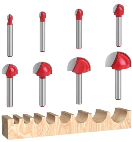 8pcs 1/4 Shank Cove Core Box Router Bit Set Round Nose Tipped Router Bits Wood Milling Cutter Tool Set for Woodworking Grooving
