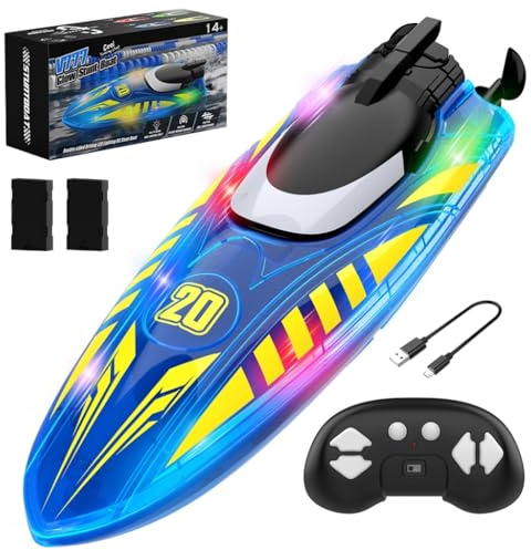OBEST Barco teledirigido niños, lancha teledirigida, Barcos RC, Barco de Control Remoto con Tiras de luz LED para Piscinas y Lagos, Regalo para Niños y Adultos