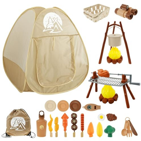 Camping Set With Pop Up Play Tent for Kids 3-6 Years - Indoor Outdoor Adventure Toys With Camping Tool Set, Basket, Plate and Kettle