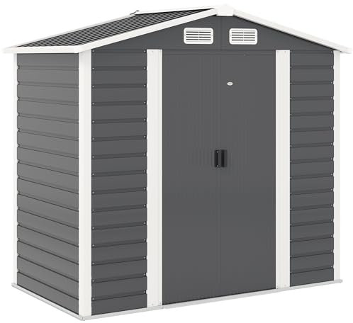 Outsunny Casetta da Giardino 2.36 m² in Lamiera d'Acciaio con 4 Prese d'Aria e 2 Porte Scorrevoli, Capanno Porta Attrezzi con Tetto Inclinato, Lucchetto e Guanti, 213x120x194 cm, Grigio Scuro