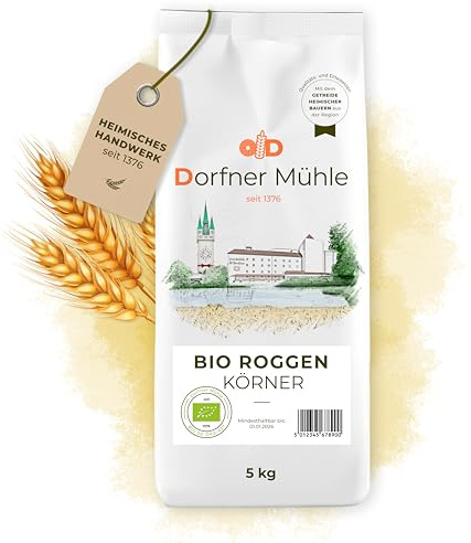 Bio Roggen Körner - sorgfältig gereinigte Roggenkörner aus Bayern - 100% Roggen aus kontrolliert biologischem Anbau ohne Zusätze (5kg)