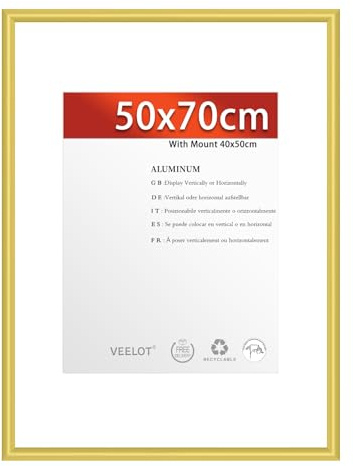 Veelot® 1x Cornici per Foto 50x70 cm,in Alluminio Metallo Dorato,con Passepartout 40x50 cm. Ideali per Certificati e Diplomi di Grandi Dimensioni. Solo Montaggio a Parete.