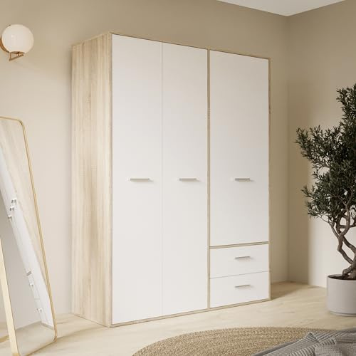Forte Jupiter Kleiderschrank 140 150, Schrank mit 3 Türen und 2 Schubladen, Holzwerkstoff, Weiß/Sonoma Eiche Dekor, 144,4 cm breit, 200,1 cm hoch, 52,7 cm tief