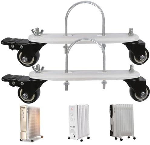 2 soportes de polea móviles para radiador de aceite, ruedas giratorias de 360°, resistentes, con freno para calentador eléctrico, gancho en forma de U, ruedas de acero al carbono, negras