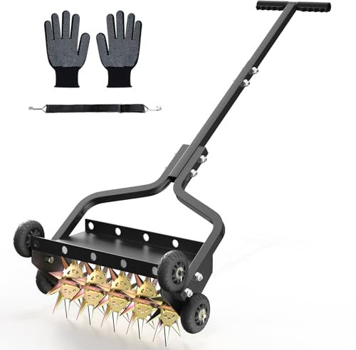 Seeutek 18 Inch Lawn Aerator, Upgraded Heavy Duty Manual Aerators Lawn Tool w/ 3D Steel Tines, 4 Wheels & Non-Slip Handle, Push Spike Aerator Suitable for Lawn, Garden and Yard