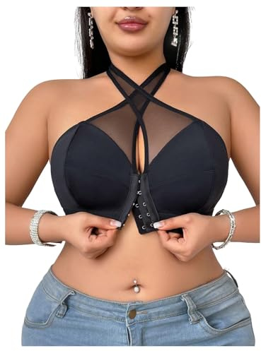 SOLY HUX Women's Plus Size Front Closure Halter Criss Cross Mesh Bras | Comfort, Everyday, Wireless Bra Bralette,Sexy, Plain Black, 3X-Large Plus