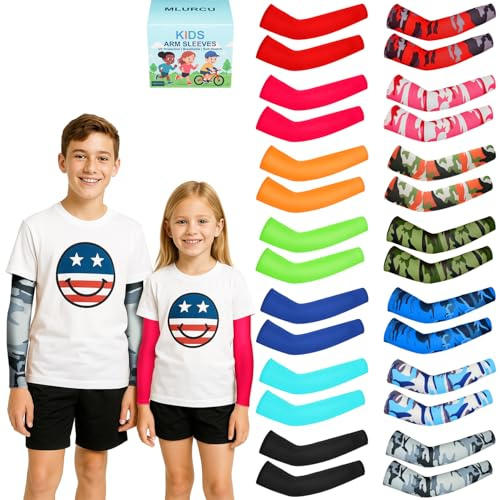 Mlurcu Arm Sleeves for Kids 14 Pairs Football Basketball Baseball Drip Style UV Sun Protection Cooling Compression Sleeves to Cover Arms for Boys and Girls Outdoor Sports (8-10 Years, M)