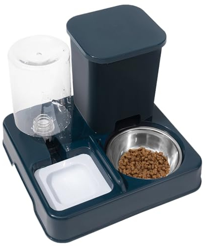 Wasser- und Futterspender, Futterautomat Katzen & Hunde, Flasche, Kunststoff, HBT 21 x 25 x 27 cm, Grau/Blau, 1 Stück (1er Pack)