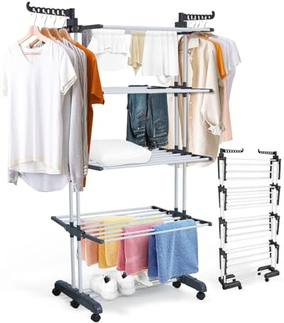 Airer Clothes Drying Rack, 5-Tier Foldable Extra Large Capacity Stainless Steel Laundry Airer with Rolling Wheels & Foldable Wings, Space-Saving for Indoor and Outdoor Use, Ideal for Home & Balcony