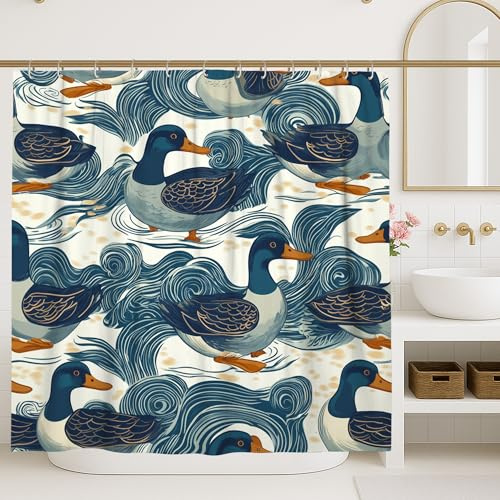 Duck Pond Shower Curtain, Blue Green Watercolor Mallard Duck Bathroom Decor, Spring Summer Nature Inspired Waterproof Fabric Shower Curtain with Hooks 72x78 Inch