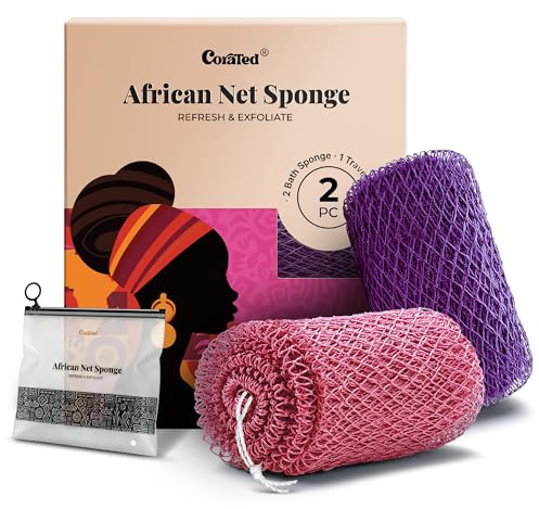CORATED 2pcs African Exfoliating Net Sponge Set - Bath & Shower Net Sponges, Back Scrubber Washcloth for Shower, Beauty Skin Cleaning for Shower Spa Massage (Pink & Purple)