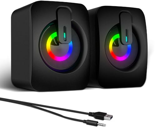 MELOGAGA RGB datorhögtalare, USB-drivna PC-högtalare med 7-färgs LED-bakgrundsbelysning, 3,5 mm Aux Compact Soundbar för stationär dator, bärbar dator, surfplatta – skarpt ljud och platsbesparande