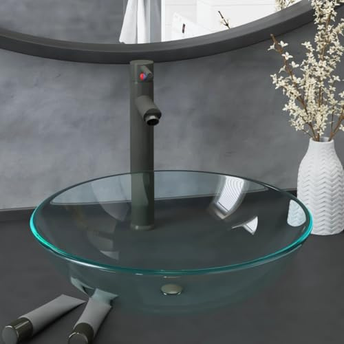 Mokuyard - Lavandino da bagno con rubinetto e scarico a spinta in vetro temperato su piano di lavoro, lavabo per sanitari bagno o WC, moderno ed elegante, batteria comune trasparente rubinetto grigio