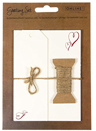 Online 81156/12 Online Greeting Set, 6 Grußkarten DIN A6 & 6 Geschenkanhänger, blanko, Kraftpapier incl. Jute-Kordel 2m