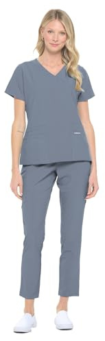 Dagacci Medical Uniform Women's Fitted 4-Way Stretch Y Neck Natural Stretch Scrub Set, Pewter Gray, XS