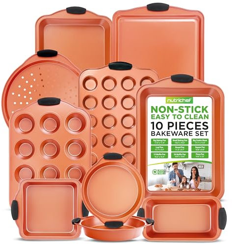 NutriChef juego de 10 moldes, Utensilios horno, Baking set, Moldes reposteria, Antiadherentes, Libres de PFOA, PFOS, PFTEE, Aptos para hornos hasta 230°C (450°F), Mangos de silicona