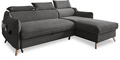 MIUFORM Sweet Harmony mit Bettkasten | 4 Sitzer Sofa | L-Form rechts | 228 x 162 x 82cm | Klappsofa mit Schlaffunktion und mit Kopfstütze | Easy Clean Stoff Samt (Grau) | 4 Sitzer Sofa mit Schlaffunktion, Sofa L Form mit Chaiselongue und Kopfstütze, 228x162x82cm, Ecksofa mit Schlaffunktion