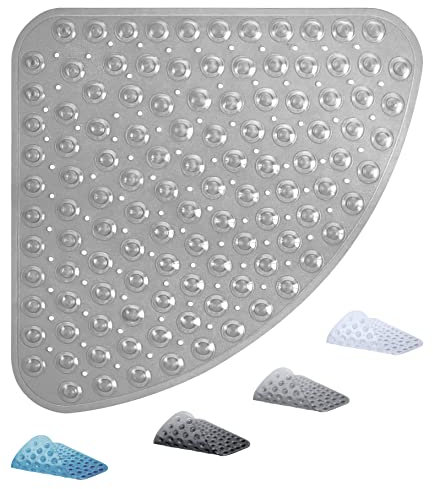 ADOV Tappetino Doccia Antiscivolo, Tappetino da Bagno Antiscivolo Curvo 54x54cm, Tappetino Quadrante in Gomma Pavimento Bagno Doccia, Tappetini Bagno Settori Lavabili in Lavatrice con Ventose- Grigio