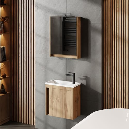 Planetmöbel Set di mobili da bagno 3 pezzi Lavabo con mobile sottolavabo 50 x 48,3 x 24,8 cm Wotan rovere, armadio a specchio 50 x 65 x 11,4 cm con lampada a LED da incasso
