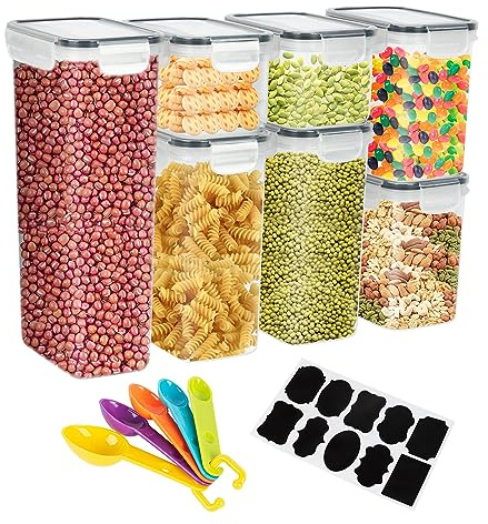 Dezzer Vorratsdosen mit Deckel Luftdicht,7er Vorratsbehälter Set BPA-Frei,Aufbewahrungsbox Küch,Kunststoff Vorratsdosen luftdicht für Nudeln,Müsli, Organizer mit Etiketten und Löffel