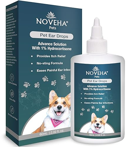 NOVEHA Pet Ear Drops with 1% Hydrocortisone | Ear Cleaner for Dogs & Cats for Earwax buildup, No-Sting Formula, Calms Itch & Reduces Painful Ear Infections 60mL (60ml (Pack of 1))