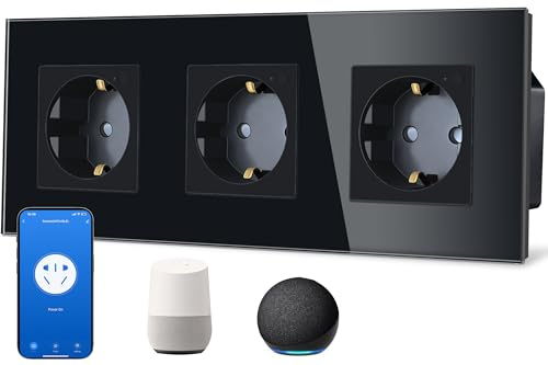 TAWOIA Schuko, presa intelligente, 3 prese, 16A, controllo app, lavoro con Alexa, telaio in vetro, 86 x 86 mm, nero, Wi-Fi, solo 2,4 GHz