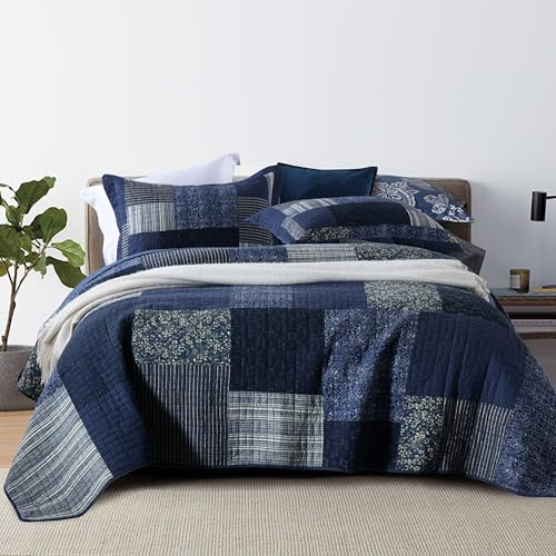 Qucover Couvre-lit matelassé 100 % coton patchwork vintage et élégant fait main avec 2 taies d'oreiller assorties pour très grand lit, bleu foncé et gris, couleurs mélangées