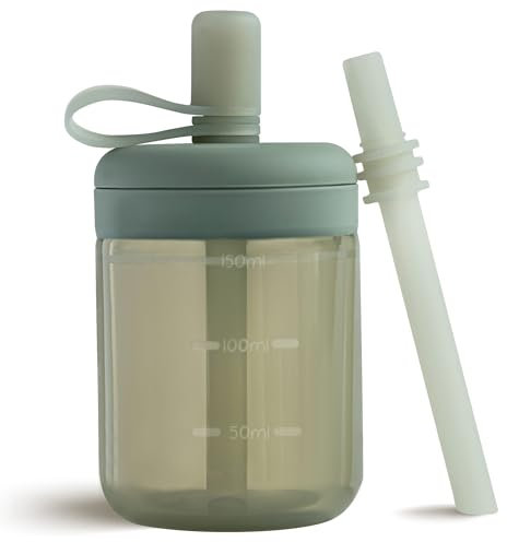 Moonkie Borraccia con Cannuccia, Bicchiere Antigoccia Bambini Silicone, Bicchiere con Cannuccia, Tazza con Cannuccia senza BPA, per Lavastoviglie, 6 Mesi+, 5oz(Verde grigio)