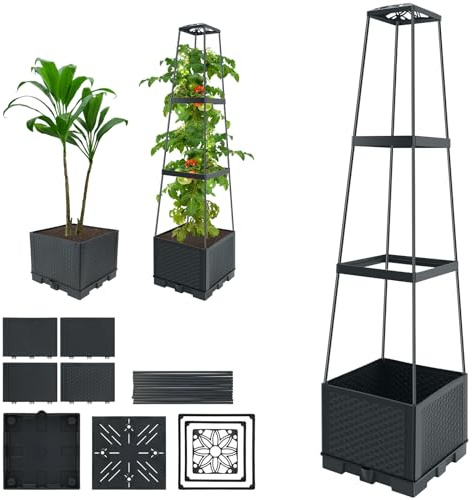 Lit de jardin surélevé avec treillis, treillis de jardinage réglable en hauteur avec design d'irrigation, lit surélevé autoportant pour jardin, extérieur, terrasse, 28 × 28 × 114 cm