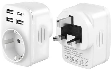 Carehabi Adaptateur Prise Anglaise, Prise Anglaise Adaptateur Francais avec 3 USB-A et 1 USB-C, Adaptateur Type G, Adaptateur UK, Adaptateur Prise Irlande, Prise Type G pour Angleterre Malte Malaisie