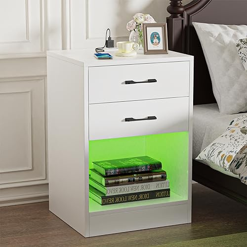 HaodaCulture Mesitas de Noche Blancas, Mesita de Noche Led, Mesa de Noche con estación de Carga, 2 cajones, Armario de Cama, Estilo Moderno, para Dormitorio, salón 40x35x60cm