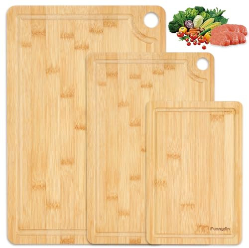 Funnydin Premium Wooden Chopping Board - 3 Piece Extra-Thick Bamboo Chopping Board Set - 38x25cm / 30x20cm / 23x15cm - Ideal for Cutting Meat, Vegetables, Serving Tray, Dishwasher Safe
