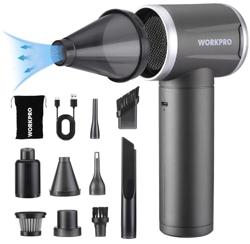 WORKPRO Soffiatore d'Aria Elettrico 2 in 1, 120000 giri/min, 4 Velocità, Air Duster Ricaricabile Type-C, Aspirapolvere Portatile per Auto, Tastiera, Esterni, Materassini Gonfiabili e Pulizia Domestica