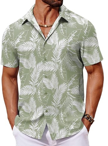 COOFANDY Camicia A Maniche Corte da Uomo Camicia Hawaiana Camicia Estiva Tropicale Leggere Camicia Floreale con Bottoni Camicia da Spiaggia Foglie di Palma Verde M