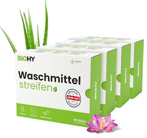 BiOHY Waschmittel Blätter (4 x 60 Stück) | Nachhaltiges Universal Reisewaschmittel ohne Plastik | Biologisch abbaubares Waschpapier | Wasserlösliche Streifen | Dermatest Zertifikat „Sehr Gut“ (2025)